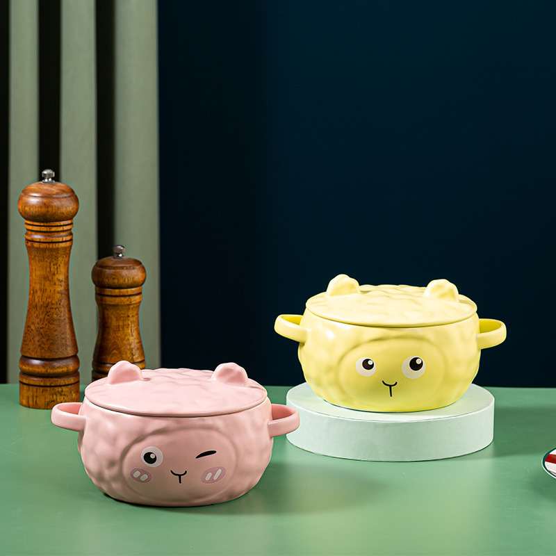 Tazón de cerámica con diseño de oveja y orejas - Con tapa - Para fideos y sopa - Tamaño grande ideal para estudiantes