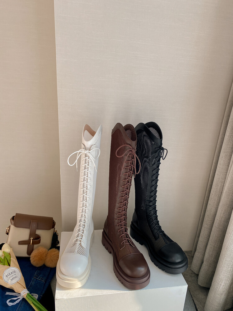 Boot lưới da thật cổ cao đế dày thoáng khí mùa xuân hè phong cách kỵ sĩ buộc dây — Màu nâu ống lớn, Màu đen cổ ống lớn, Ống nhỏ màu đen, Ống nhỏ màu be chi tiết 22