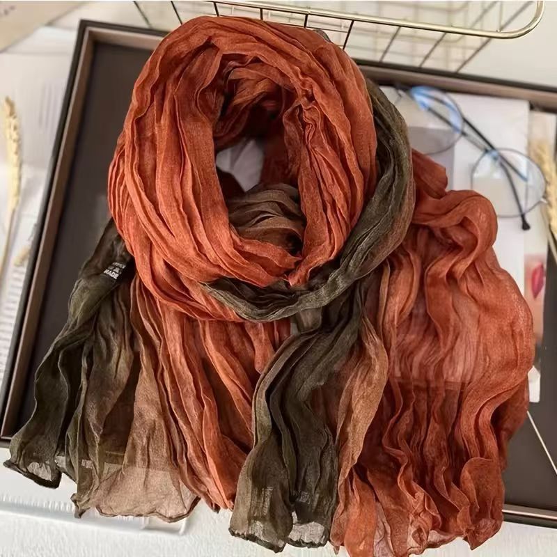 New Style Scarf with Cotton and Linen Feel, Gradient Blue, Autumn and Winter Scarf, Retro Versatile Printed Long Pleated Shawl for Women
