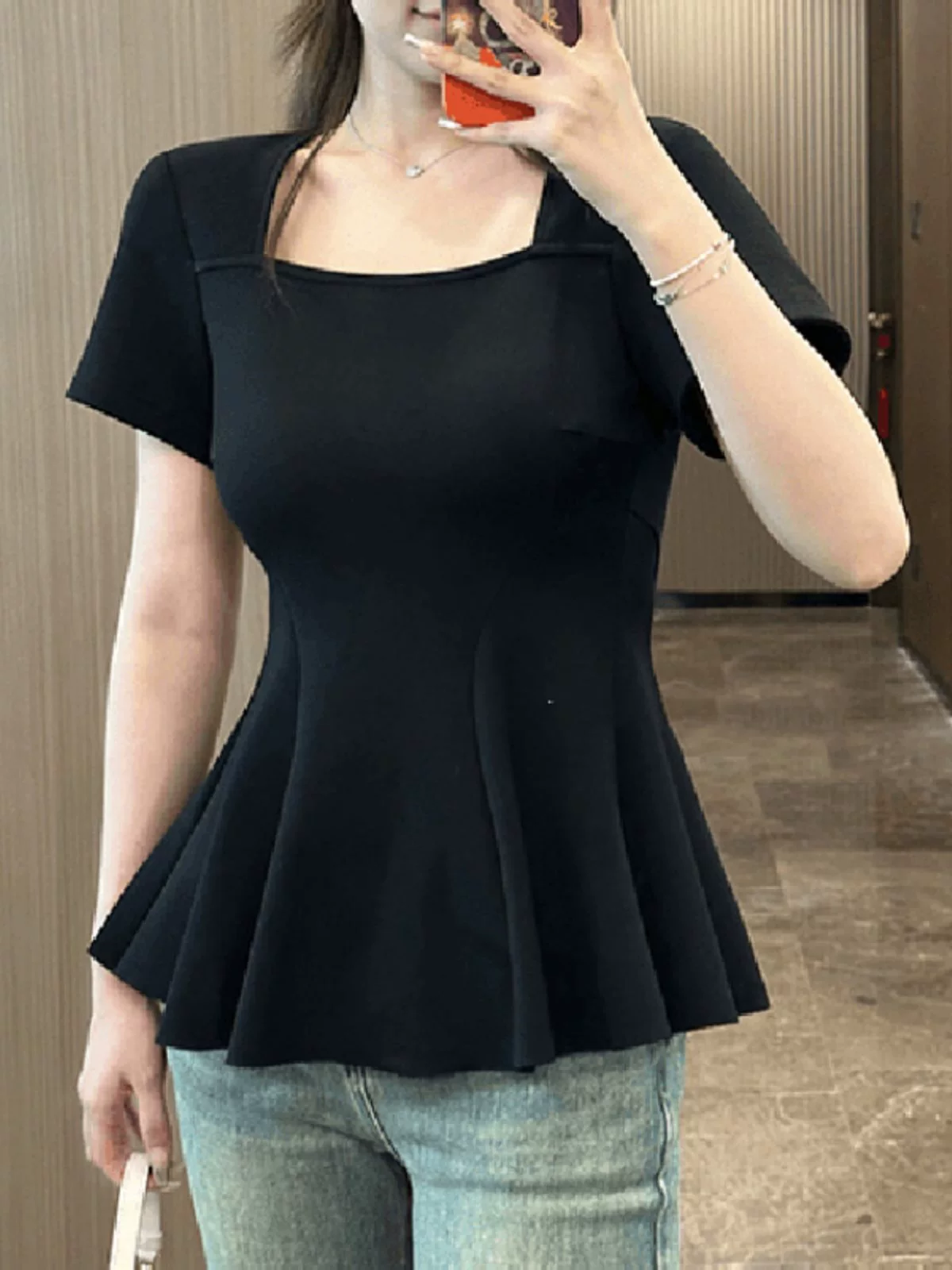 Черная футболка больших размеров Pure Desire с квадратным вырезом и правым плечом, с короткими рукавами для женщин, летняя толстая футболка с животом, утягивающий топ «рыбий хвост»