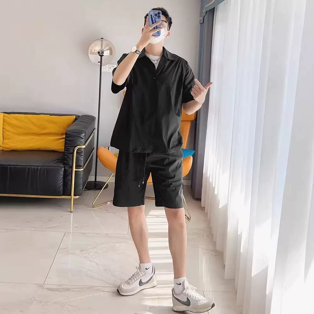 定制现货港风夏季韩版运动套装男生宽松T恤学生短袖简约套装