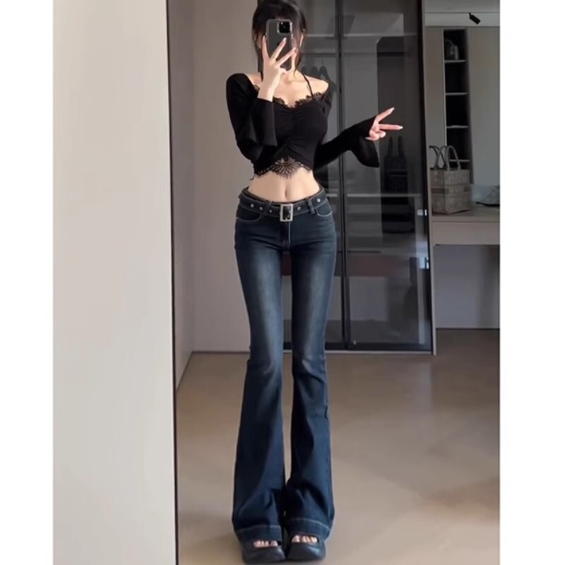 Dark Blue Low-Waist Slim-Fitting Hot Girl Sweet Style Micro-Flared Jeans for Women to Look Slim and Tall Plus Long Floor-Length Trousers