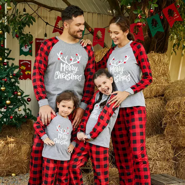 2024 Europe and America Amazon Christmas Deer Print Round Neck Plaid Family Parent-Child Set 0520
