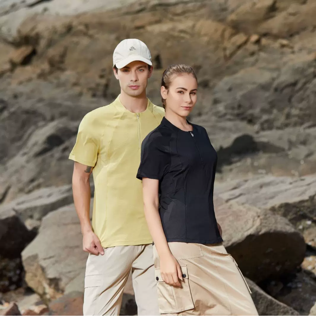 UPF50+夏户外冰丝t恤女防晒运动速干衣透气纯色半拉链短袖男休闲