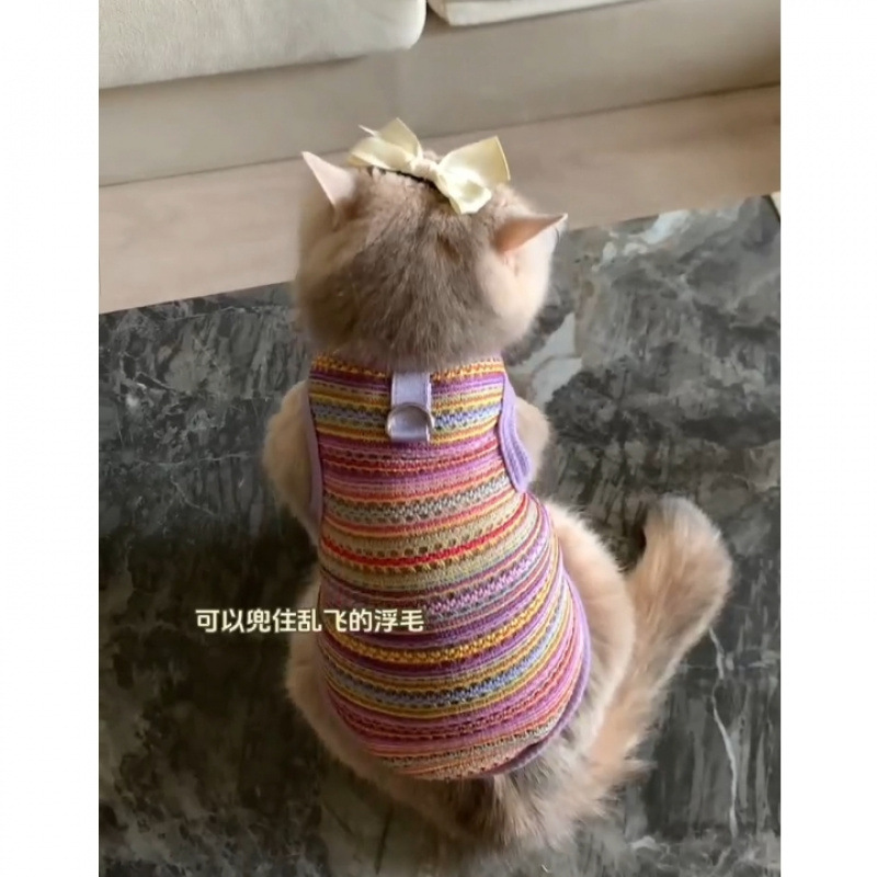 Cute ropa de gato de verano delgada hueco chaleco de tejido de color con hebilla de tracción muñeca gato chaleco de oro