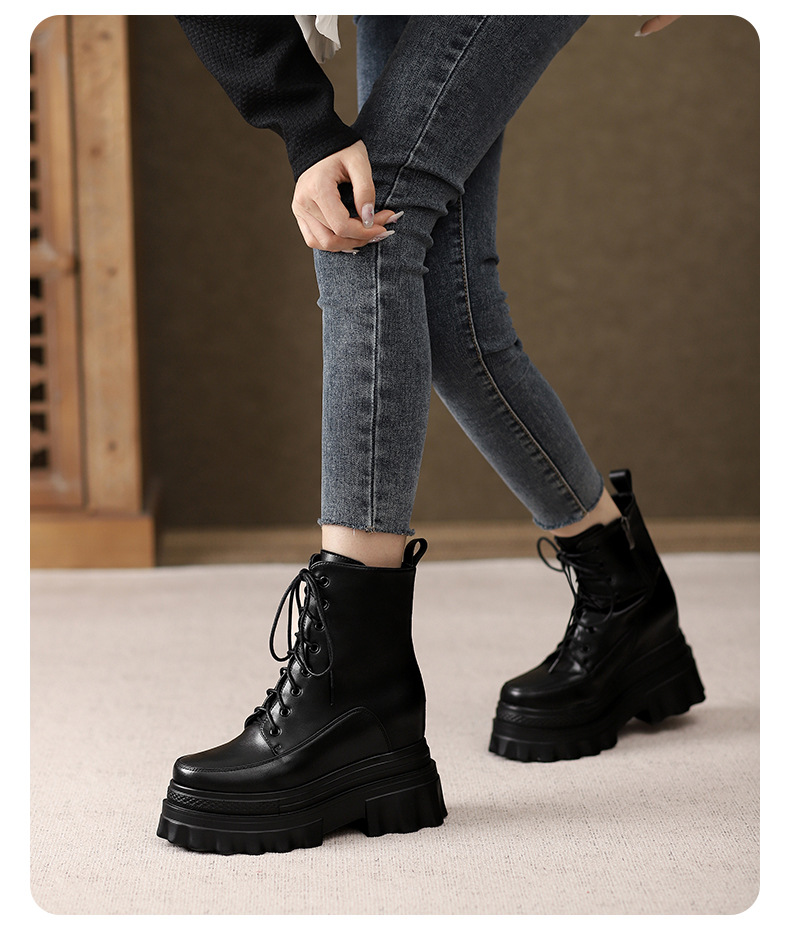 Boot nữ đế tăng chiều cao 10cm dây buộc mùa thu đông — Lớp lót nhung đen, Lớp lót đơn màu nâu sẫm, Lớp lót đơn màu đen, Lớp lót nhung màu nâu sẫm chi tiết 13
