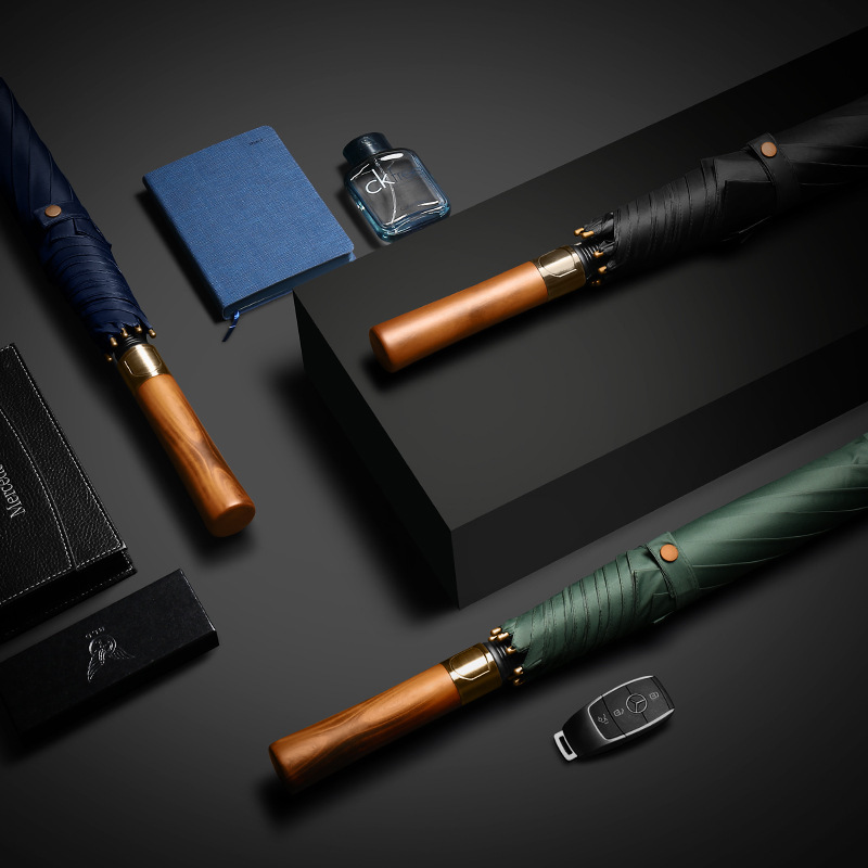 British retro business wooden handle golf umbrella reinforced long handle straight umbrella anti-UV wholesale printed gift umbrella