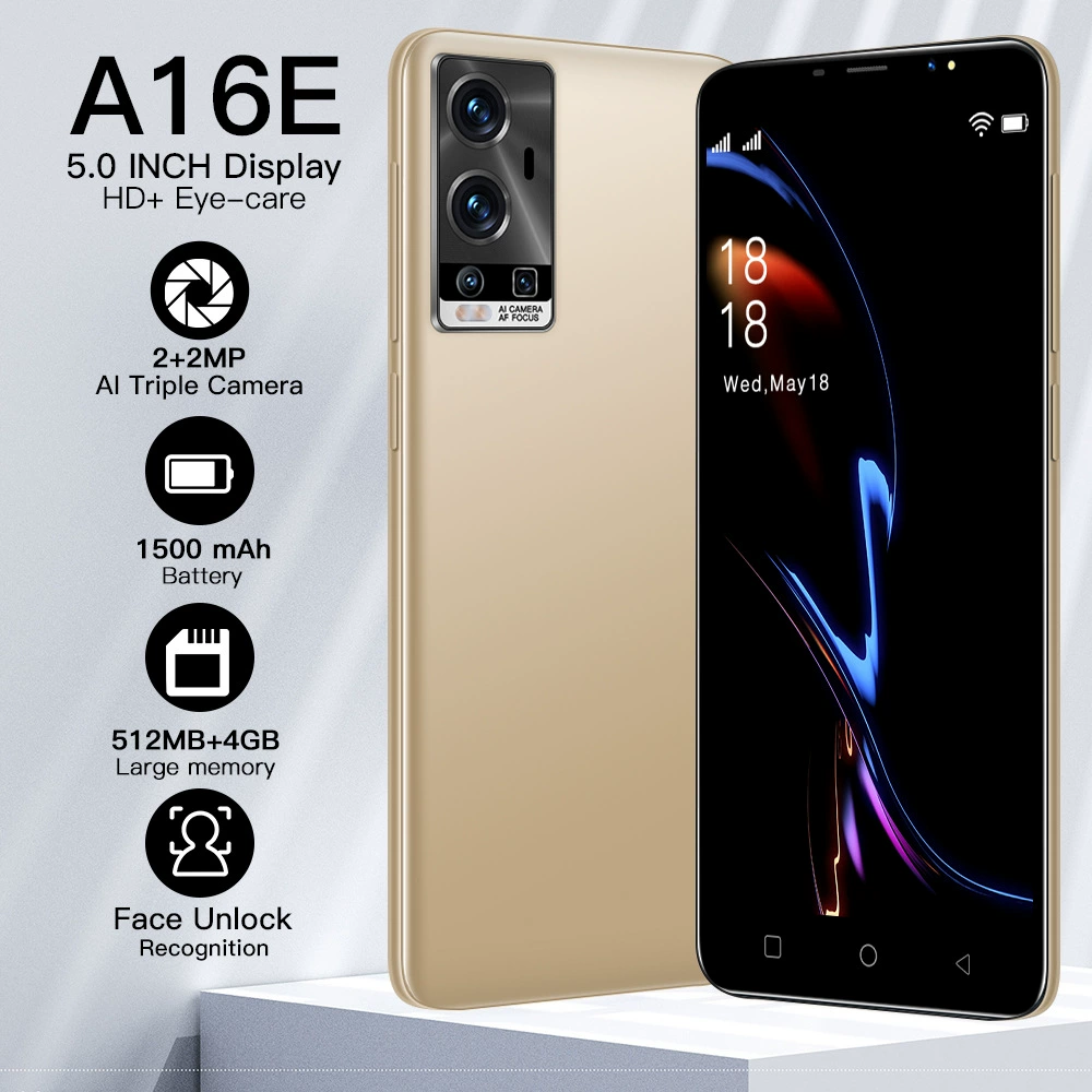 Смартфон A16E, 5,0-дюймовый Android, 512MB+4GB, 1500mAh, распознавание лица, двойной SIM (WCDMA/GSM)
