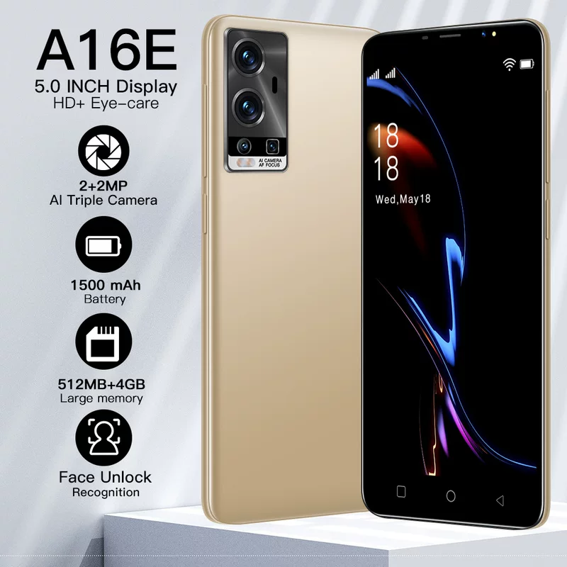 Смартфон A16E, 5,0-дюймовый Android, 512MB+4GB, 1500mAh, распознавание лица, двойной SIM (WCDMA/GSM)