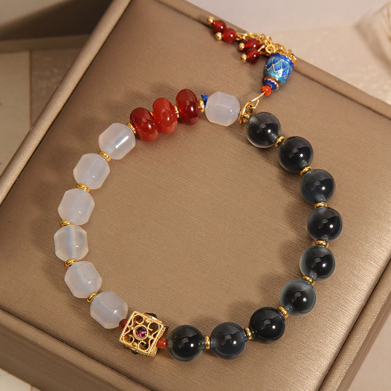 Pulseras de ágata azules naturales, pulseras de ágata blanca de corte retrógrada, pulseras de ágata blanca de nicho chino para mujeres