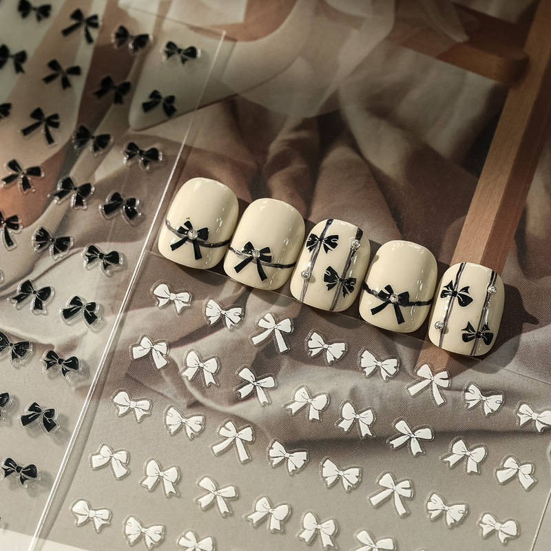 Casual Small Bow Tie, Versatile Black and White Bow Nail Art Stickers, Hand-Painted Asymmetrical Cut Out Nail Stickers