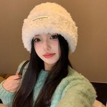 白色毛绒帽子女冬季加厚毛线帽大头围保暖针织帽防风套头冷帽显瘦