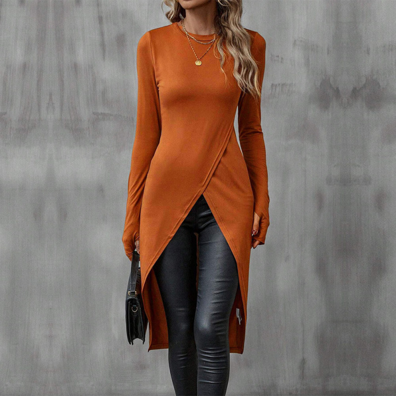 Amazon Cross-Border Export Women's Versatile Work Clothing Style T-Shirt Autumn and Winter New Round Neck Extended Butt-Covering Top Amazon Cross-Border Export Women's Versatile Work Clothing Style T-Shirt Autumn and Winter New Round Neck Extended Butt-Covering Top