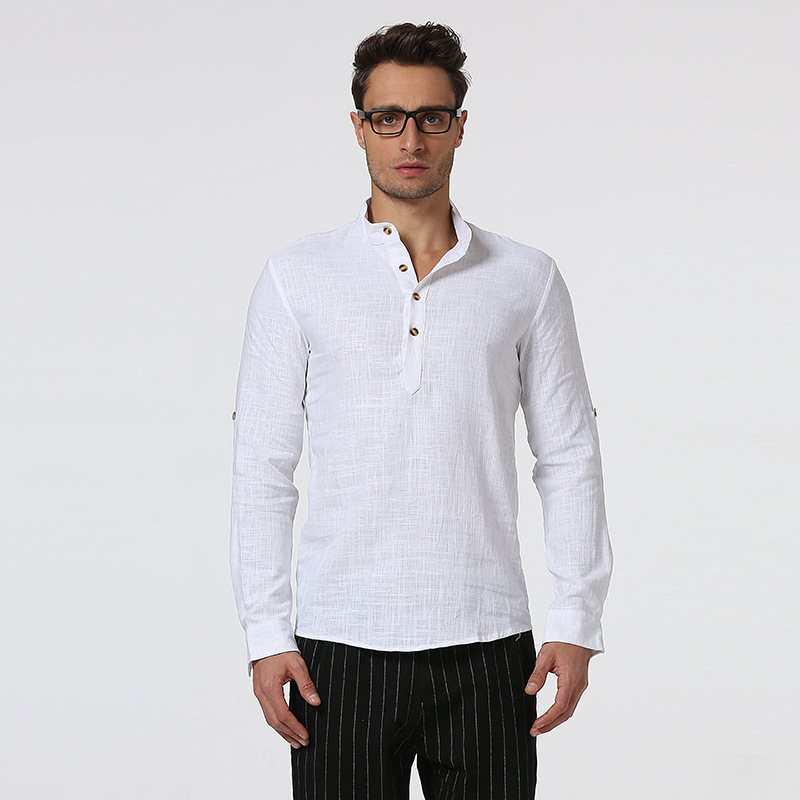 Amazon transfronterizo nuevos hombres de tamaño europeo de color sólido de algodón y lino camisa de manga larga Henry Collar de lino de color sólido camisa de cuello alto