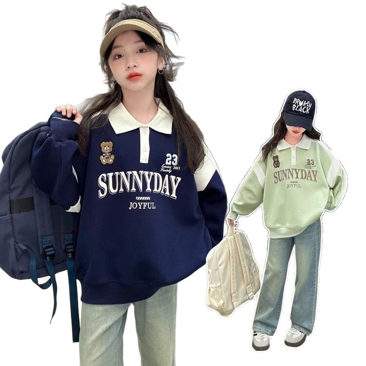 女孩秋季POLO领上衣潮中大童拼色运动风春季新款翻领洋气时尚卫衣|undefined