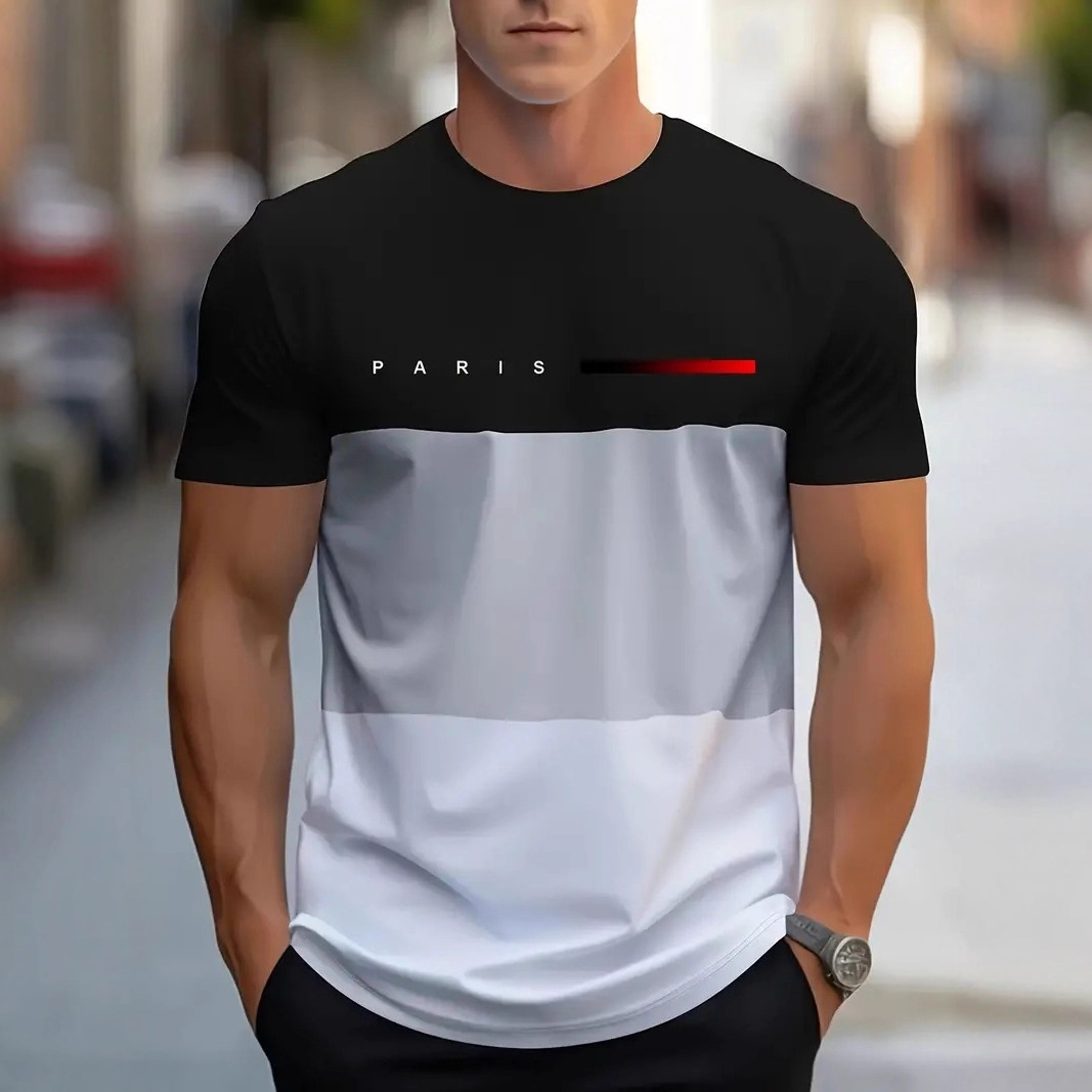 Men's Summer Street Round Neck Breathable Short Sleeve T-Shirt, 3D Digital Printing, Casual Polyester Fabric Straight-Leg Type