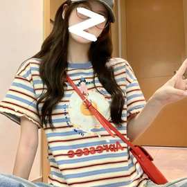 实价【原版面料】螺纹领口 +后包边+印花+袖口花边条纹短袖T恤女