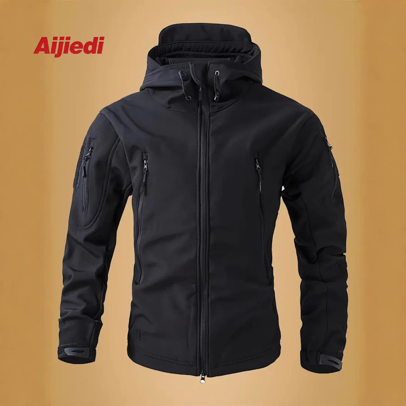 American-Style Hooded European Size Three-Proof Softshell Jacket, Waterproof and Windproof, Cross-Border, Multi-Pocket, Solid Color, Zip-Up, High-Neck Outdoor Jacket