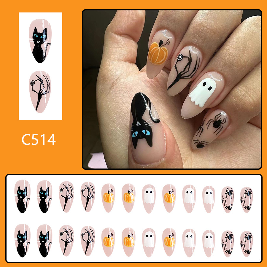 Cute Spider Web And Pumpkin False Nails For Halloween 24 Pieces_voghion.com