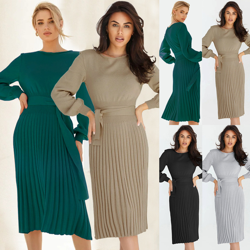2024 cross-border foreign trade women's new autumn and winter knitted dress slim pleated long base sweater skirt 2024 cross-border foreign trade women's new autumn and winter knitted dress slim pleated long base sweater skirt