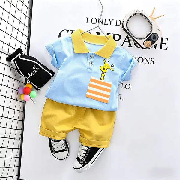 Summer New Style Children's Giraffe Short-Sleeved Shorts Korean Style Baby Lapel Cartoon Suit Fashionable Two-Piece Set