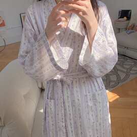 韩版双层纱碎花浴袍女春夏日式系带睡袍长款宽松家居服可外穿睡袍