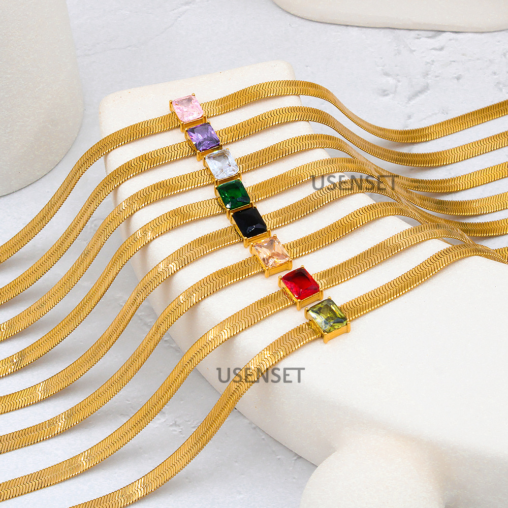 17g Weight Zircon Inlay Material Fashion Square Stainless Steel Plating Inlay Zircon Necklace 1 Piece
