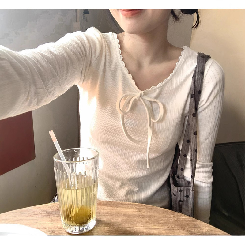 in stock ring Cream White Bow Slim-fit Base Soft Waxy Shell Edge Long-sleeved T-shirt All-match Top