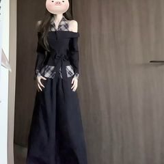 假两件挂脖露肩上衣+阔腿长裤两件女秋季格子拼接设计感气质穿搭