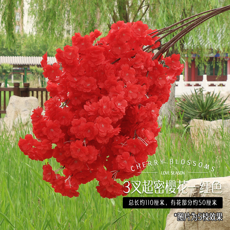 Ramas de Sakura con flores artificiales de tres puntas para decoración de interiores y exteriores en centros comerciales, ramas de flores de seda con enredaderas de cuatro puntas y tallos extendidos.