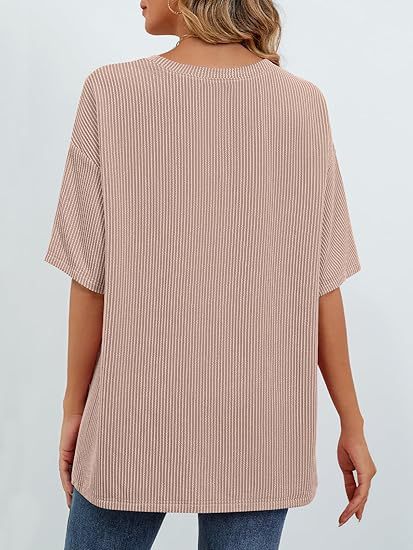 cross-border European And American Women's Summer Short-sleeve Pocket Top, Oversized Round-neck Textured Casual_ecoleips.com
