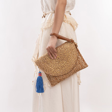 新款烫金黄麻包休闲旅行手拿包跨境流苏单肩包海边度假手工编织包