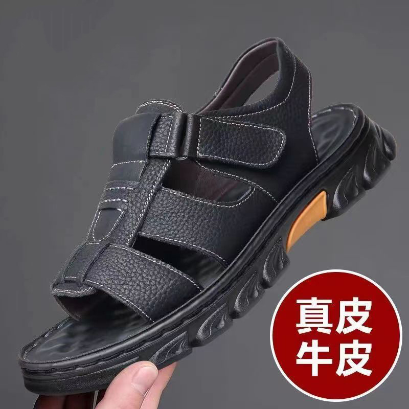 Sandalias de piel de vaca de gran tamaño para hombre verano casual transpirable velcro plataforma impermeable antideslizante zapatos de playa para papá de mediana edad y ancianos