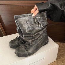 方头蝴蝶结褶皱堆堆靴女时尚西部牛仔靴芭蕾风短靴复古做旧马丁靴
