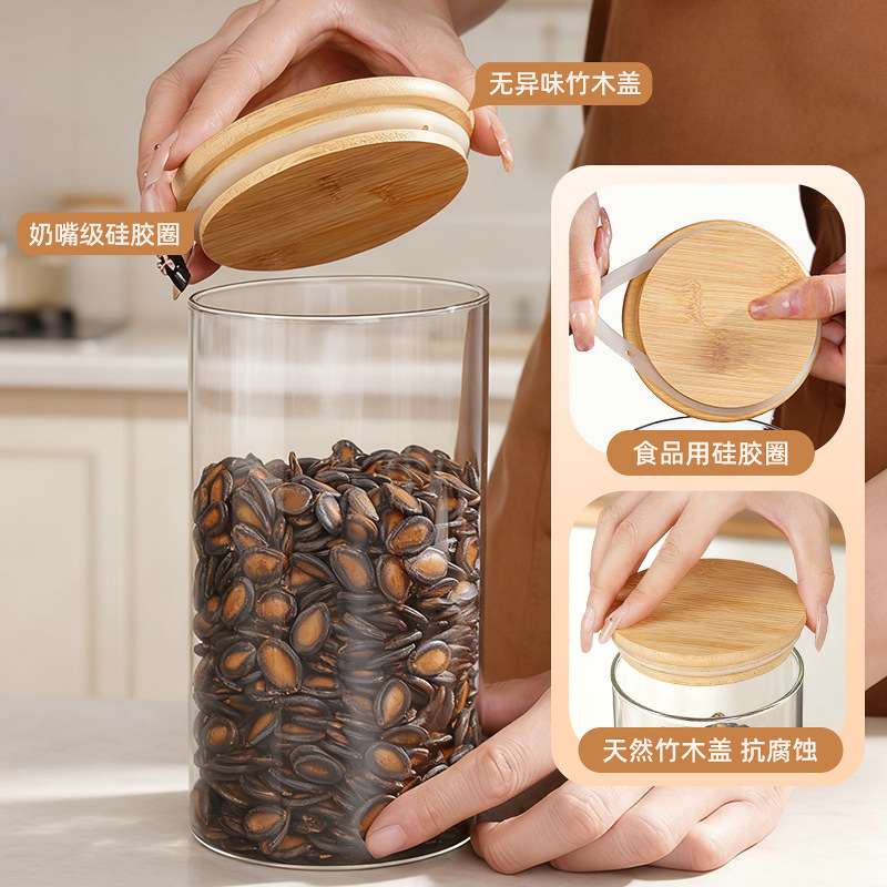 Comercio exterior spot alta borosilicona vidrio sellado lata de té cubierta de bambú lata de almacenamiento transparente circular lata de dulces de grado alimenticio