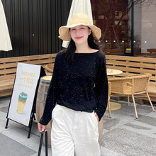 2025秋季新款羊毛一字领针织衫女黑色亮片宽松长袖松弛感套衫