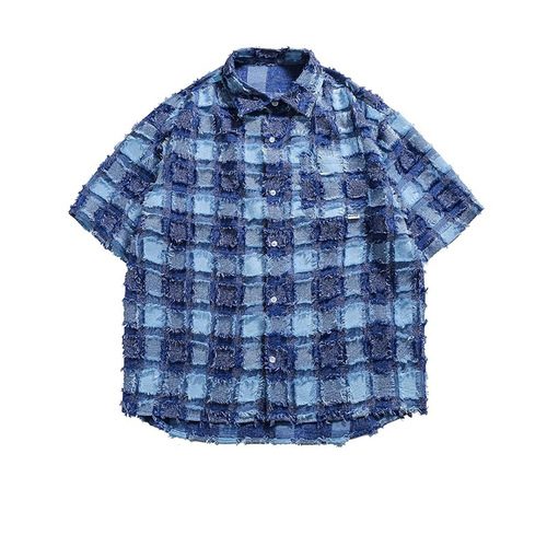 Edge-bleached plaid patchwork short-sleeve tie-dye shawl collar jacket outerwear cool stylish men fringe short-sleeve vibe-style luxury shirt