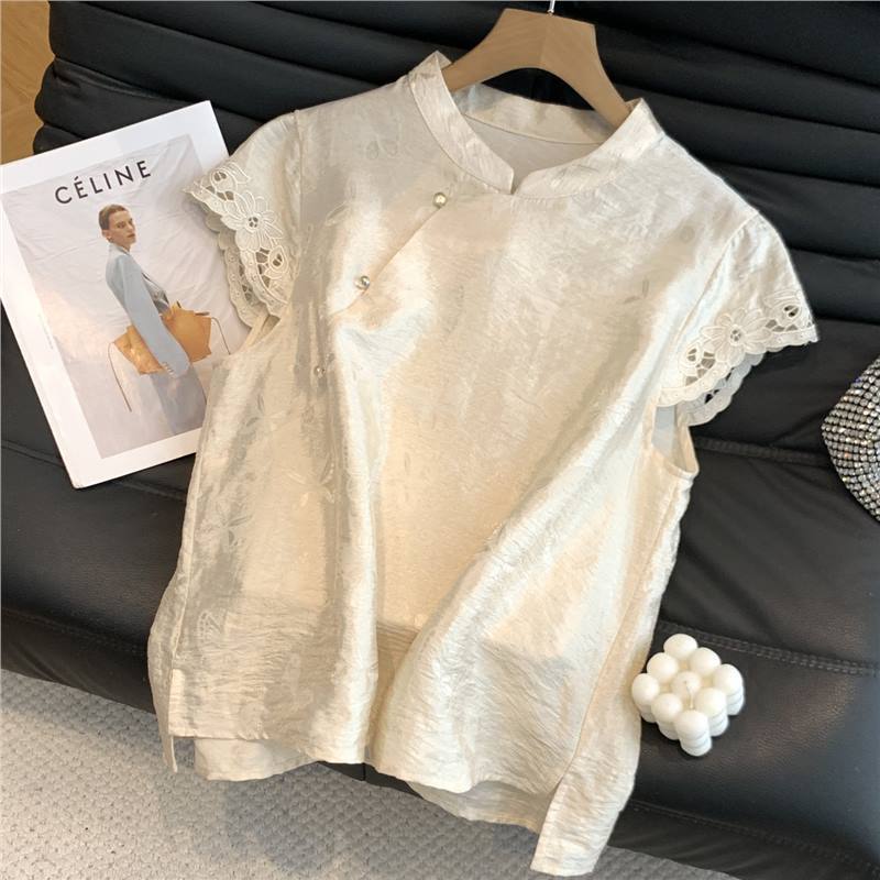 Drop-shipping summer new model: New Chinese-style lace trim short-sleeve shirt, light and elegant, slimming and stylish