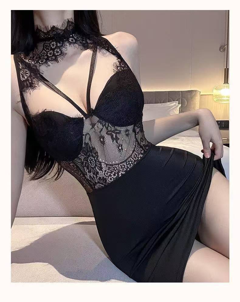 Sexy Lace Push-up Lingerie Set with Cat Ears, Deep V Slim-fit Black One Size — detail image 10