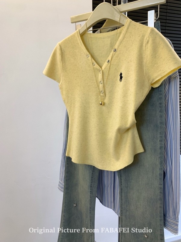 zdm プラスサイズ 150kg 個別におすすめ〜ポニー刺繍半袖 Tシャツレディース夏ボタン V ネックニットトップスイン|undefined