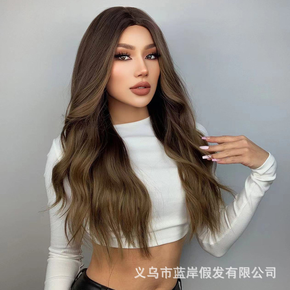 Estilo europeo y americano Amazon teñido gradiente oro natural largo y rizado de las mujeres Fibra química alta temperatura peluca seda fabricante