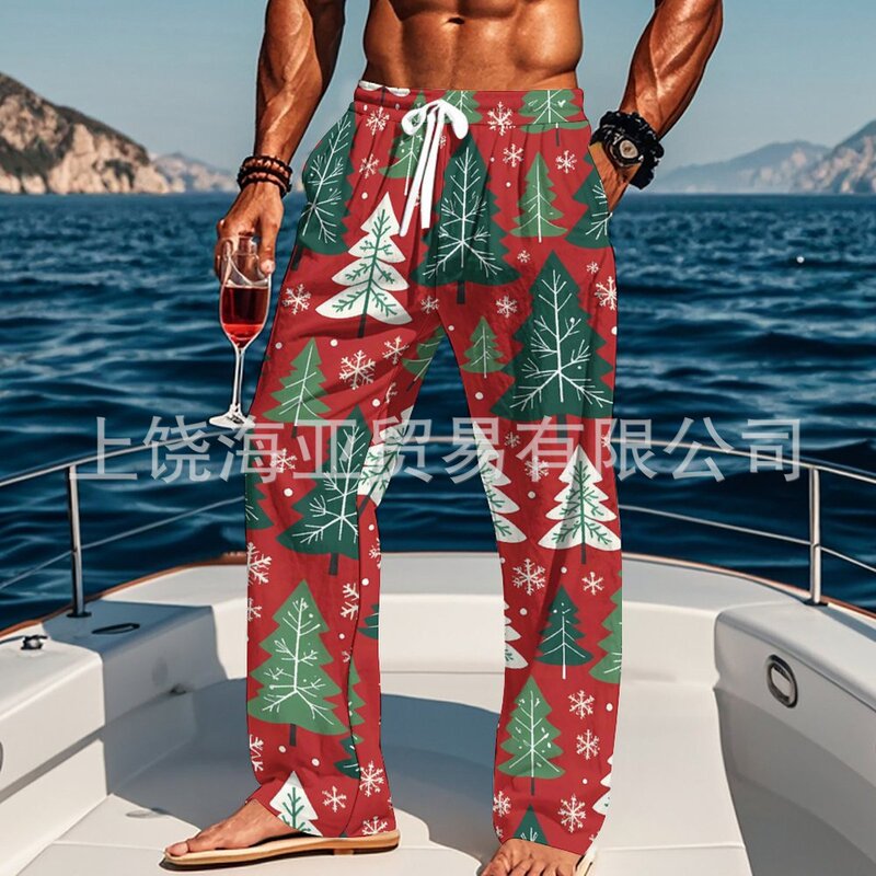 2025 Cross-Border New Products European and American Aliexpress Export Men's Pants 3D Digital Printing Pants Christmas Pattern Straight Pants