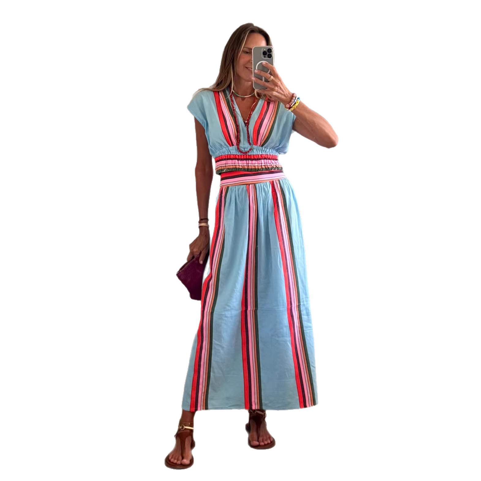 2026 Cross-border European And American Summer Striped Print Casual Fashion V-neck Waist-cinching Skirt Ins-style Set_ecoleips.com
