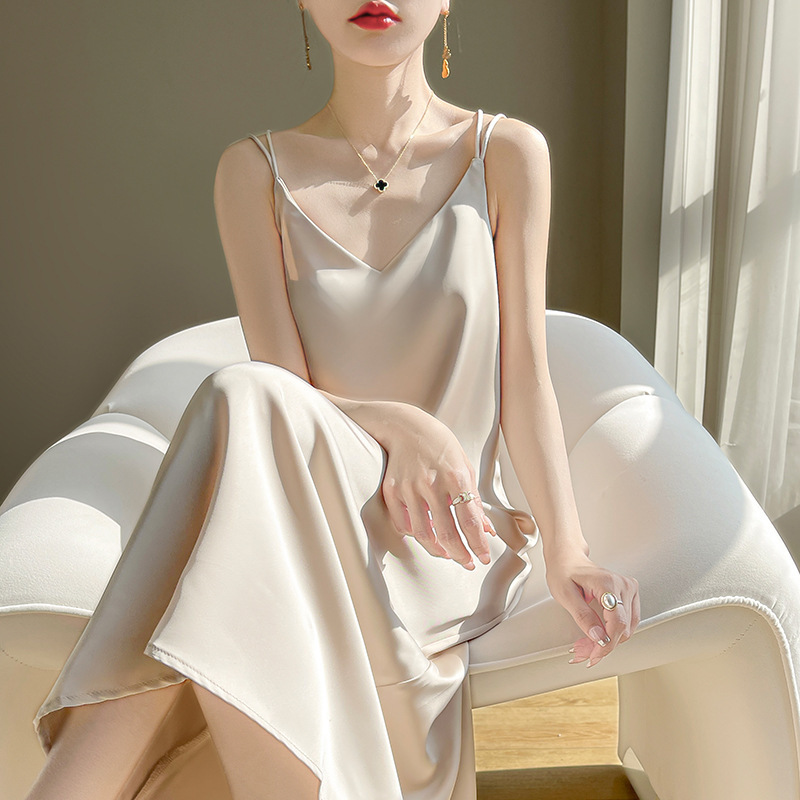 Factory Direct Supply Pure Color Mid-Length Slim-Fitting Korean V Neck Back Cross Soft and Smooth Silk Suspender Dress