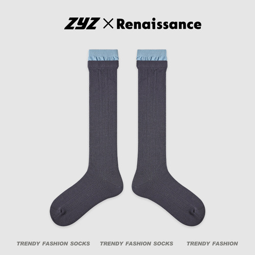 Renaissance original women's socks spring and summer black vertical striped mid-calf socks with contrasting color ribbed boneless calf socks