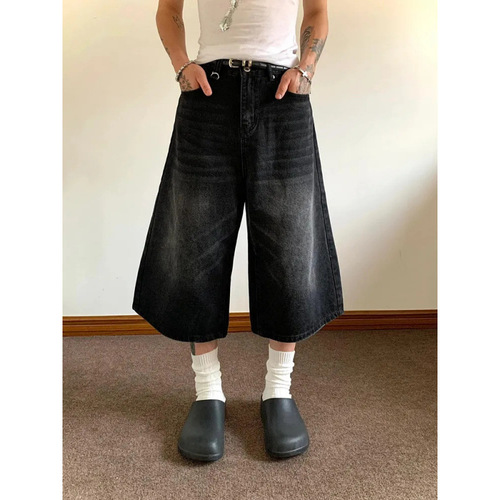 American seven-quarter denim retro shorts 2025 summer new high-waist loose black washed wide-leg straight pants