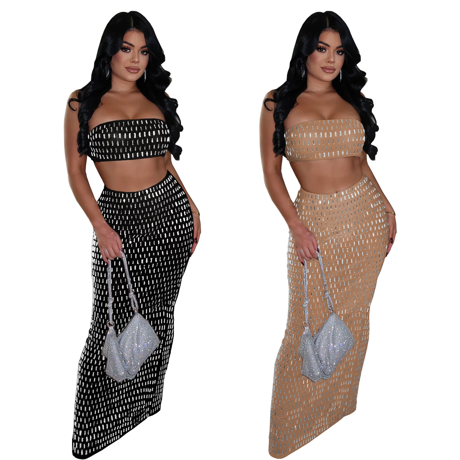 C7222 Cross-border AliExpress Amazon Ropa de mujer de moda europea y americana Traje de tubo sexy Paquete de diamantes calientes Falda de cadera de dos piezas