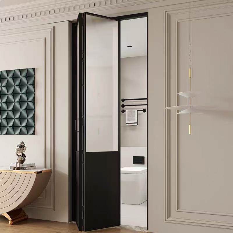 French-Style Retro Aluminum Alloy Black Bathroom Folding Door, Bathroom Kitchen Glass Double Folding Door, Balcony Living Room
