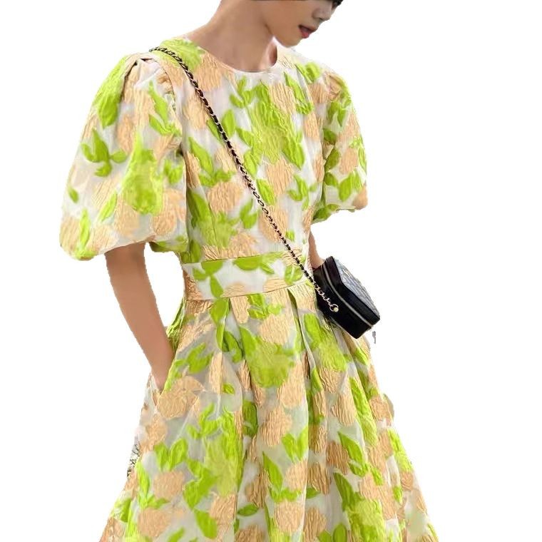 Đầm maxi nữ thắt eo họa tiết hoa nhí xanh cổ điển kiểu Pháp FL222150 — Màu xanh lá