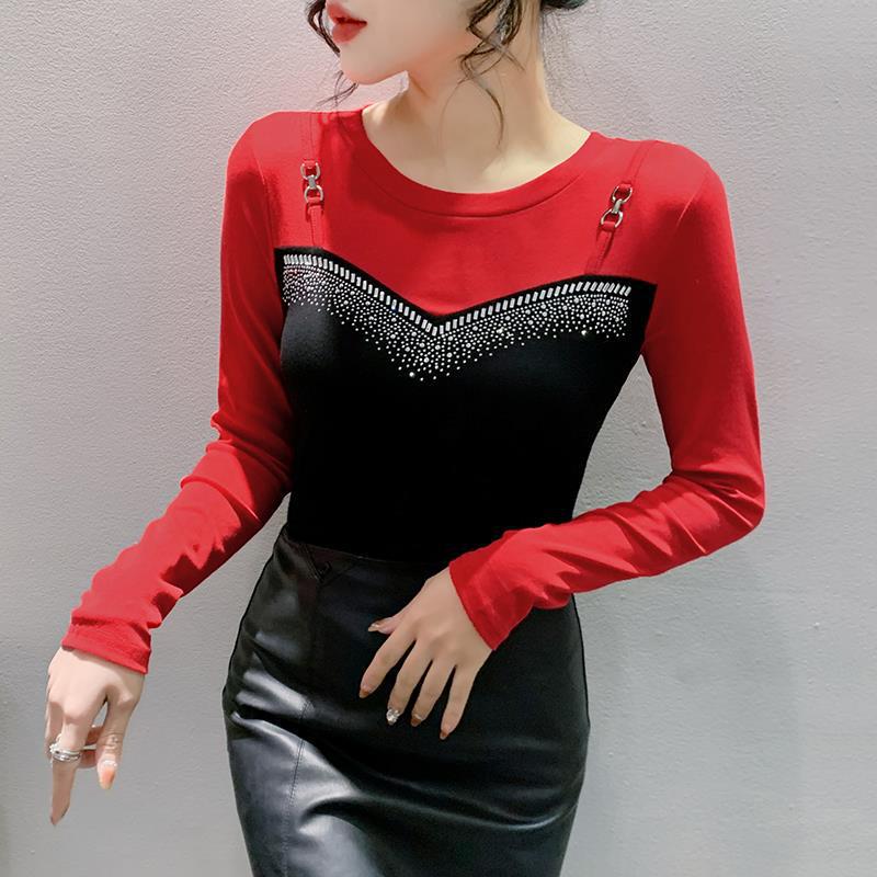 Real shot 2024 spring new European station heavy industry rhinestone personality fashion contrast color slimming bottoming shirt long sleeve women